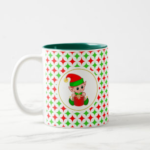 Caneca De Café Em Dois Tons Duende de Natal em Padrão de Estrela de Diamante V