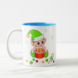 Caneca De Café Em Dois Tons Duende de Natal verde, flocos de neve & bolas de N