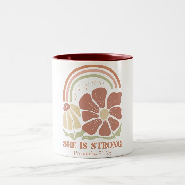 Caneca De Café Em Dois Tons Ela é forte Bíblia Verse (Centro)