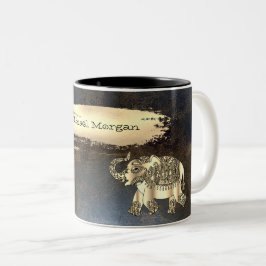 Caneca De Café Em Dois Tons Elefante Dourado Elegante, Traço De Pincel, Olho D