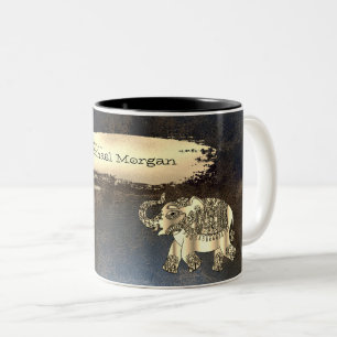 Caneca De Café Em Dois Tons Elefante Dourado Elegante, Traço De Pincel, Olho D