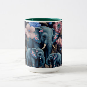 Caneca De Café Em Dois Tons Elefantes Azuis e Flores Rosa