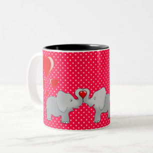 Caneca De Café Em Dois Tons Elefantes Românticos & Corações Vermelhos em Ponto
