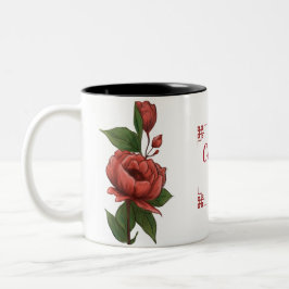 Caneca De Café Em Dois Tons Elegância Floral Rosa Vermelha Artesanal Pintada à