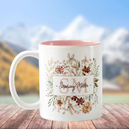 Caneca De Café Em Dois Tons Elegant Monogram Watercolor Fall Wildflower Floral