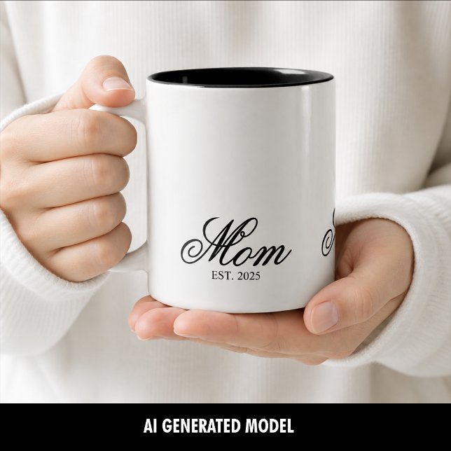 Caneca De Café Em Dois Tons Elegante Ano de Estabelecimento da Mamãe Letra Pre (Elegant Mom Established Year Black Script Two-Tone Coffee Mug)
