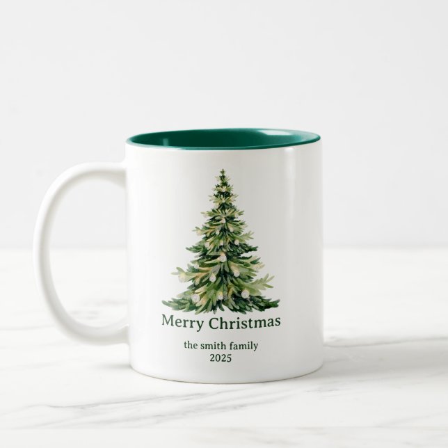 Caneca De Café Em Dois Tons Elegante Aquarela Merry Christmas Tree Non-Photo (Esquerda)