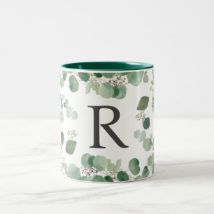 Caneca De Café Em Dois Tons Elegante Aquarela Monograma Verde
