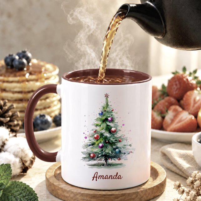 Caneca De Café Em Dois Tons Elegante árvore de Natal em aquarela verde Natal (Criador carregado)