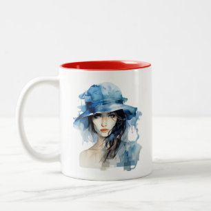 Caneca De Café Em Dois Tons Elegante De Portraços De Aquarela