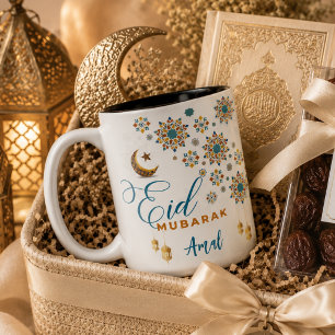 Caneca De Café Em Dois Tons Elegante Eid Mubarak Caligrafia Lua Estrelas Perso