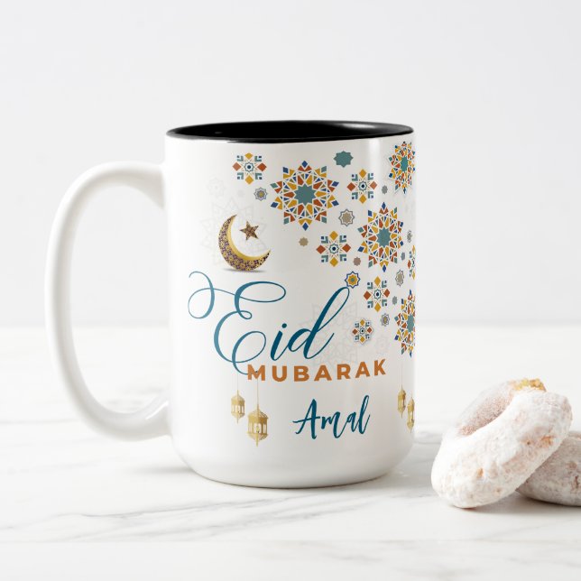 Caneca De Café Em Dois Tons Elegante Eid Mubarak Calliografia A Lua Stars Pers (Com Donut)
