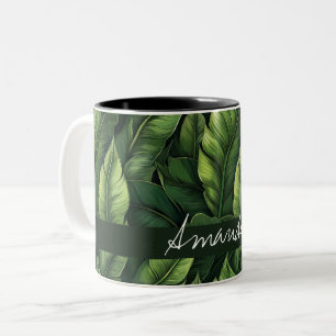 Caneca De Café Em Dois Tons Elegante Green Watercolor Banana Leaf com Nome