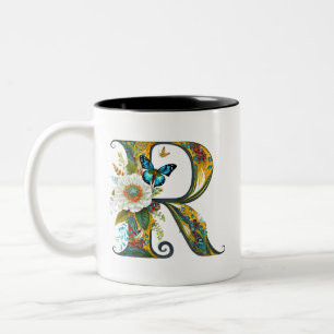 Caneca De Café Em Dois Tons Elegante letra boêmia floral R