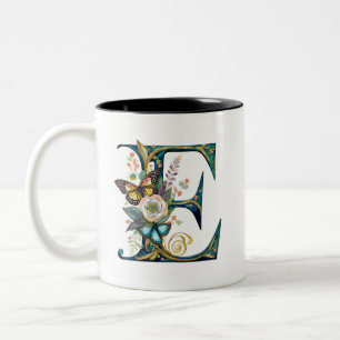Caneca De Café Em Dois Tons Elegante letra E floral boêmia