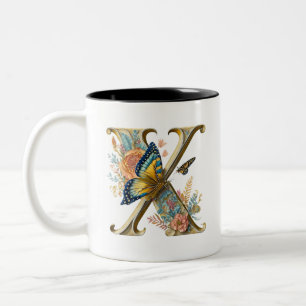 Caneca De Café Em Dois Tons Elegante letra floral boêmia X