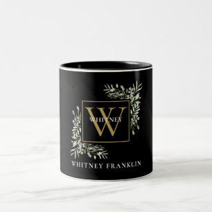 Caneca De Café Em Dois Tons Elegante Monograma de Ouro Preto Eucalipto Folhage