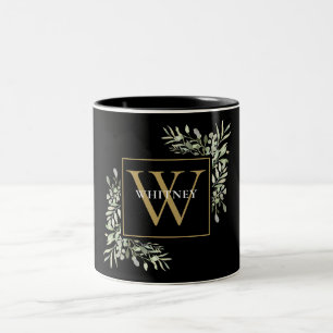 Caneca De Café Em Dois Tons Elegante Monograma de Ouro Preto Floral Verde