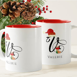 Caneca De Café Em Dois Tons Elegante Rótulo Moderno Monograma Inicial V Natal