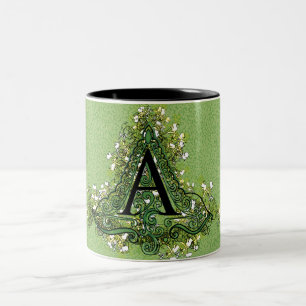 Caneca De Café Em Dois Tons Elegante verde Vintage Monograma floral inicial A