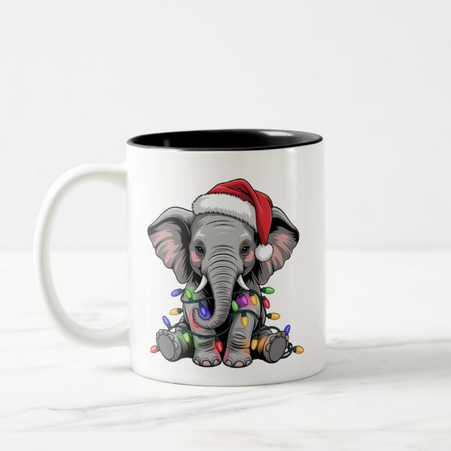 Caneca De Café Em Dois Tons Elephant Christmas Lights Xmas Holiday Animal (Esquerda)