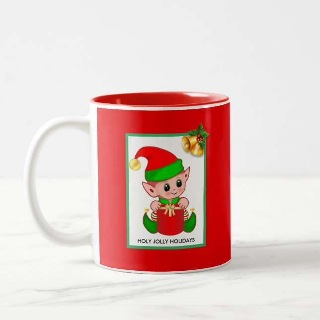 Caneca De Café Em Dois Tons Elf de Natal em Vermelho (Esquerda)