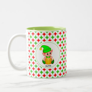 Caneca De Café Em Dois Tons Elf de Natal sobre Padrão de Estrela de Diamante V