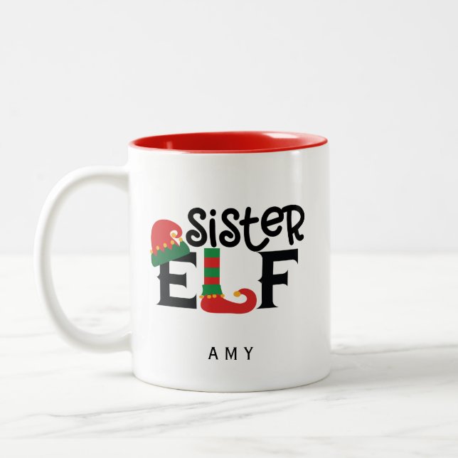 Caneca De Café Em Dois Tons Elf Irmã Personalizada (Esquerda)
