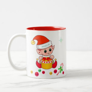 Caneca De Café Em Dois Tons Elfo de Natal, cana doce e bolas de Natal