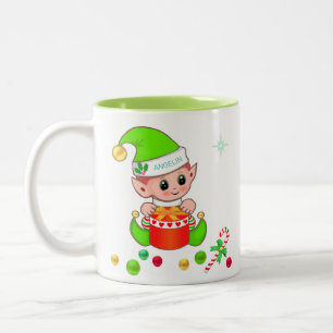 Caneca De Café Em Dois Tons Elfo de Natal verde, cana doce e bolas de Natal