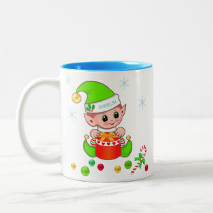 Caneca De Café Em Dois Tons Elfo de Natal verde, flocos de neve e bolas de Nat