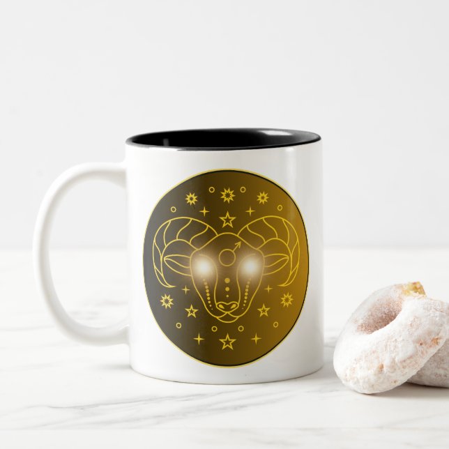 Caneca De Café Em Dois Tons Emblema do Zodíaco Áries | Símbolo Celestial Minim (Com Donut)