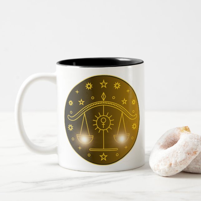 Caneca De Café Em Dois Tons Emblema do Zodíaco de Libra | Símbolo Celestial Mi (Com Donut)
