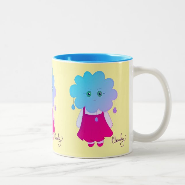 Caneca De Café Em Dois Tons Emocional Azul Estilizado Chuva Personagem Cloudy (Direita)