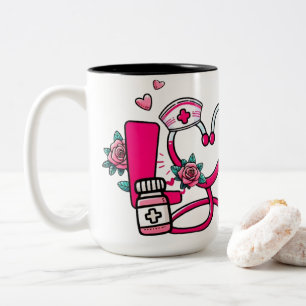 Caneca De Café Em Dois Tons Enfermeira Amor Estetoscópio Floral Rosa Profissão