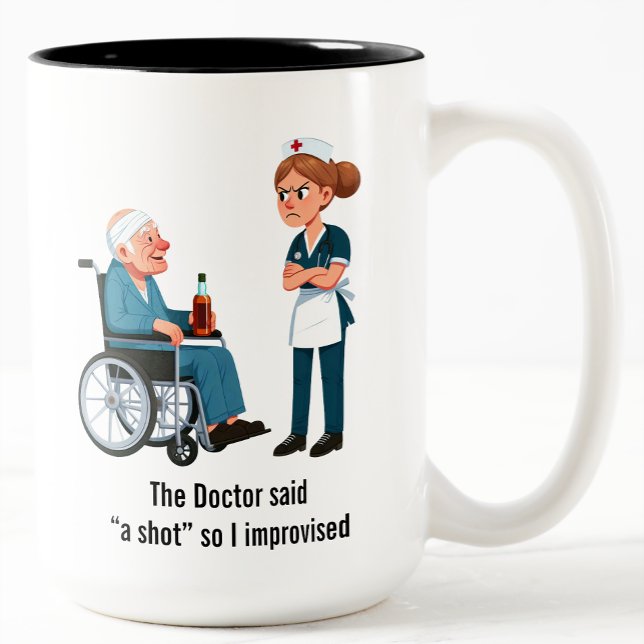 Caneca De Café Em Dois Tons Enfermeira Irritada Repreendendo Paciente Embriaga (Criador carregado)