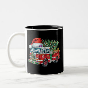 Caneca De Café Em Dois Tons Engraçado caminhão de bombeiro Santa Hat Luzes de