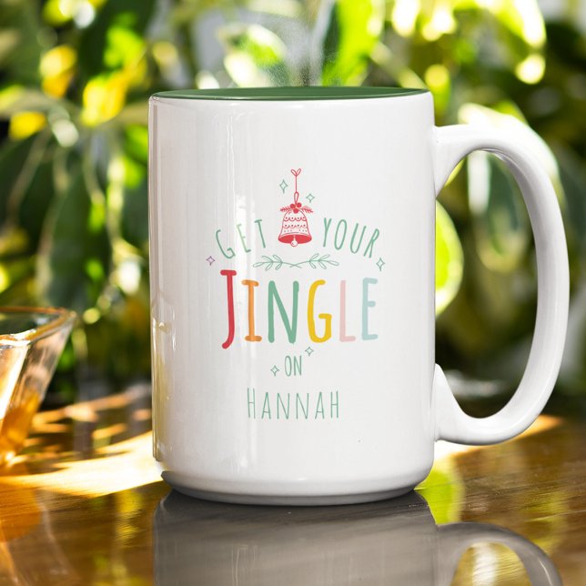 Caneca De Café Em Dois Tons Engraçado Natal Jingle Bells Rainbow Nome Personal (Criador carregado)