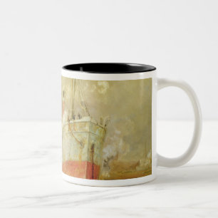 Caneca De Café Em Dois Tons Entrando um navio de carga