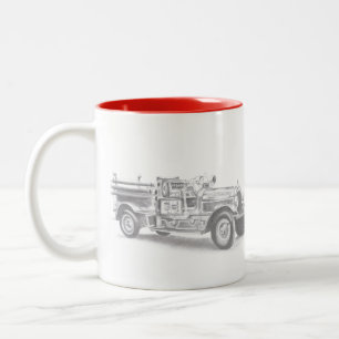 Caneca De Café Em Dois Tons esboço a lápis de caminhão de bombeiros antigo des