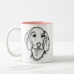 Caneca De Café Em Dois Tons esboço desenhado à mão de cachorro dachshund preto