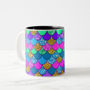 Caneca De Café Em Dois Tons Escamas de Sereia Multicoloridas Coloridas Brilhan