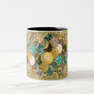 Caneca De Café Em Dois Tons Escamas de sereia na praia Glam Monograma personal