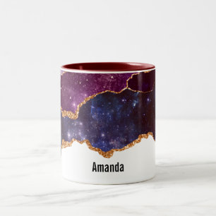 Caneca De Café Em Dois Tons Espaço Azul e Roxo e Estrelas com Faixa Dourada
