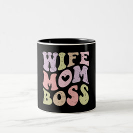 Caneca De Café Em Dois Tons Esposa Mãe Chefe Retrô Groovy Dia das Mães Preto