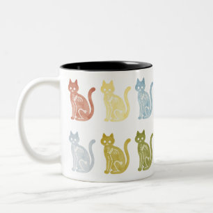 Caneca De Café Em Dois Tons Esqueleto de Gato Colorido Arte em Aquarela de Rai