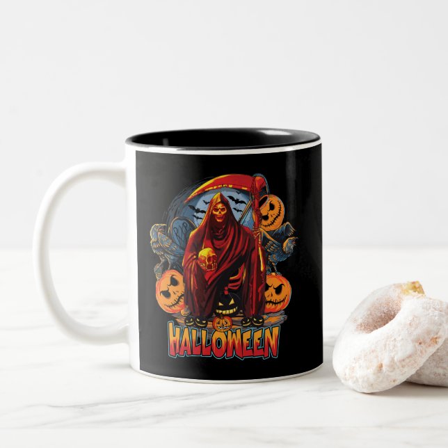 Caneca De Café Em Dois Tons Esqueleto de Mau de Halloween, Abóbora (Com Donut)