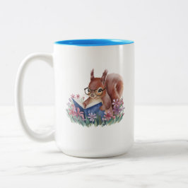Caneca De Café Em Dois Tons Esquilo Lendo um Livro Aninhado em Flores