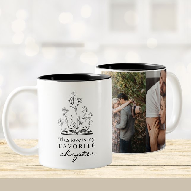 Caneca De Café Em Dois Tons Esse amor, amantes de livros, Coffee Mug (Photo coffee mug with book and flowers graphic with text "This love is my favorite chapter")