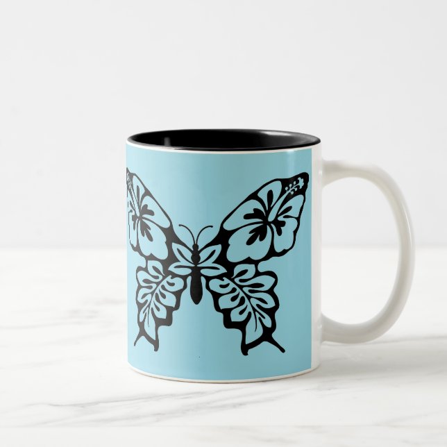 Caneca De Café Em Dois Tons Estêncil de Borboleta em Azul (Direita)